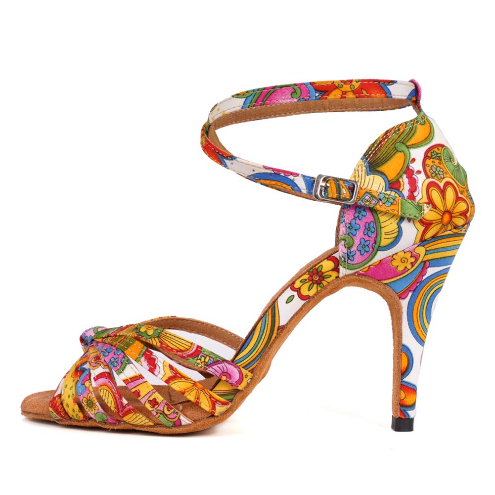 JUODVMP Women's Latin Salsa Shoes Colorful Print Satin Cross-strap 4 inch heel Ballroom Heels,9US