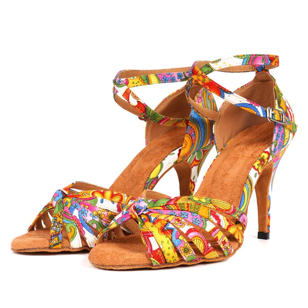 JUODVMP Women's Latin Salsa Shoes Colorful Print Satin Cross-strap 4 inch heel Ballroom Heels,9US