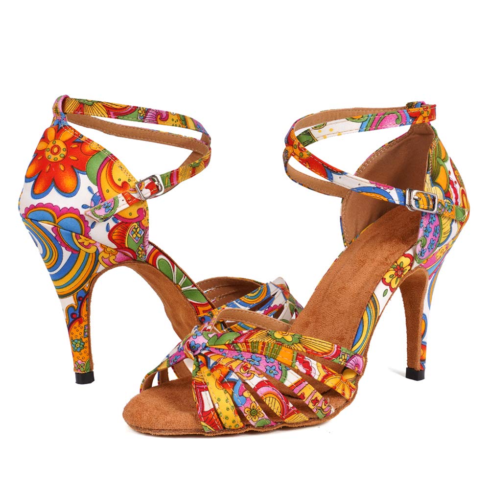 JUODVMP Women's Latin Salsa Shoes Colorful Print Satin Cross-strap 4 inch heel Ballroom Heels,9US