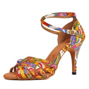 JUODVMP Women's Latin Salsa Shoes Colorful Print Satin Cross-strap 4 inch heel Ballroom Heels,9US