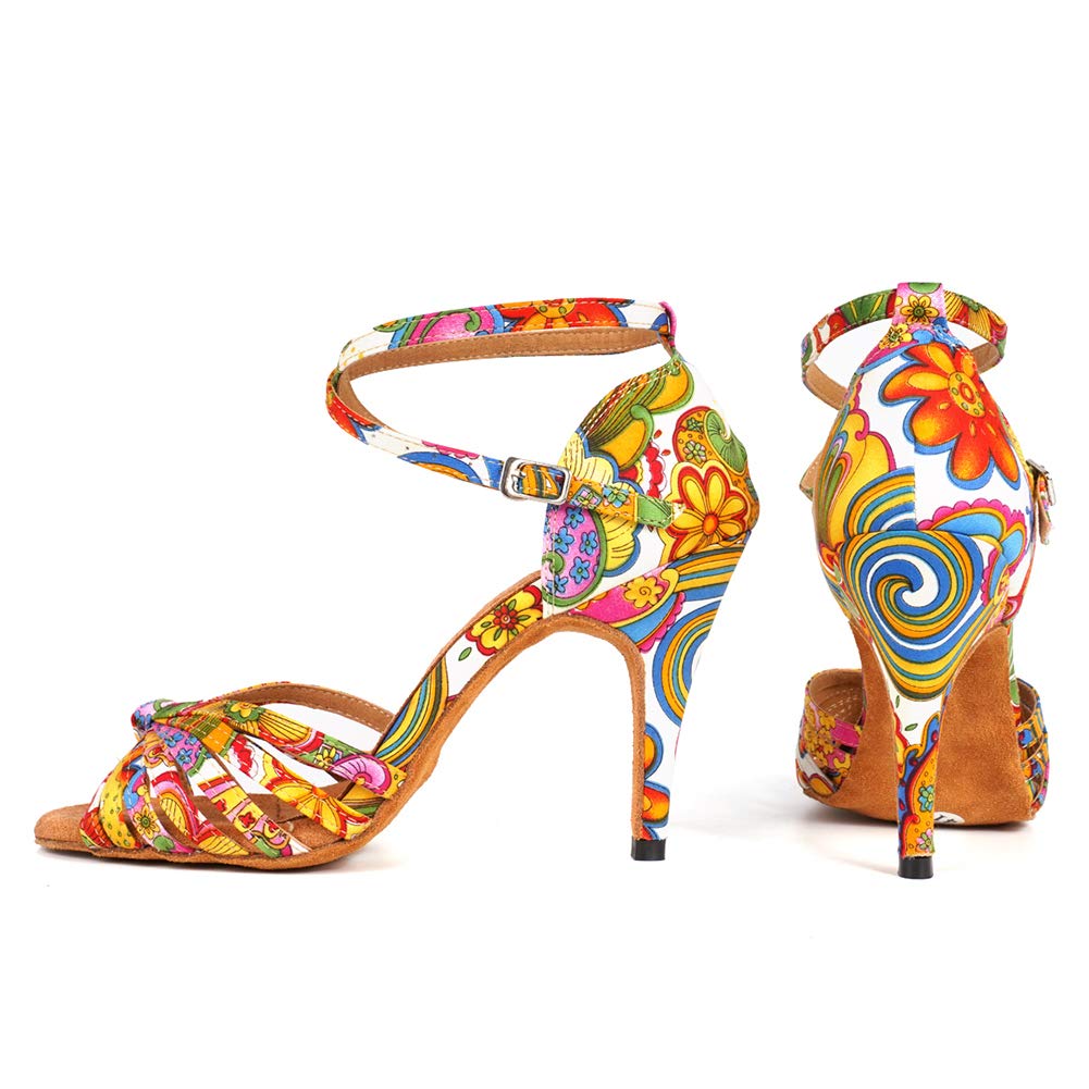 JUODVMP Women's Latin Salsa Shoes Colorful Print Satin Cross-strap 4 inch heel Ballroom Heels,9US