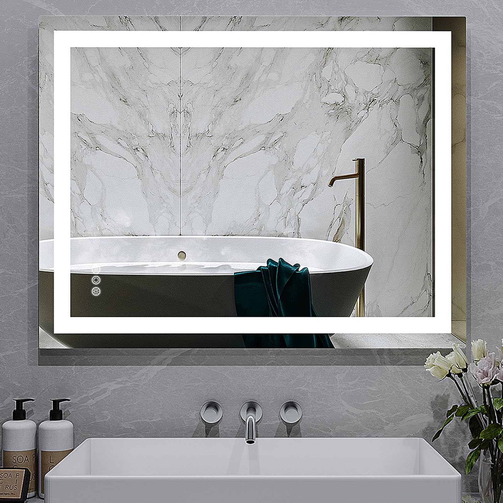 ANTEN 36" X 28" LED Mirror for Bathroom, Anti-Fog Bathroom Vanity Mirror with Lights, Shatter-Proof, 3000-6000K, Stepless Dimmable LED Vanity Mirror, Bathroom Mirrors for Wall