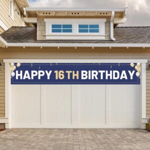 Happy 16th Birthday Banner Blue, Large 16th Bday Sign, 16th Birthday Party Outdoor Decoration for Boy Men（9.8 x 1.6 feet）