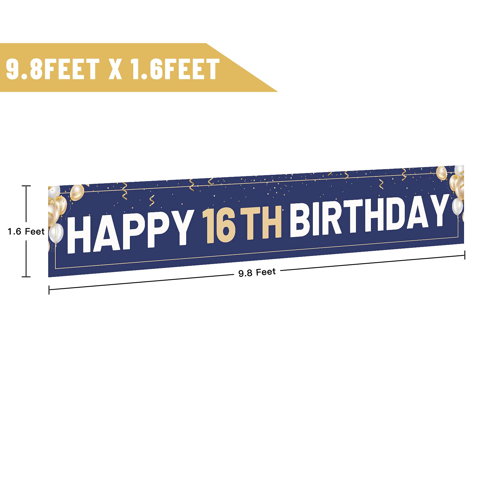 Happy 16th Birthday Banner Blue, Large 16th Bday Sign, 16th Birthday Party Outdoor Decoration for Boy Men（9.8 x 1.6 feet）