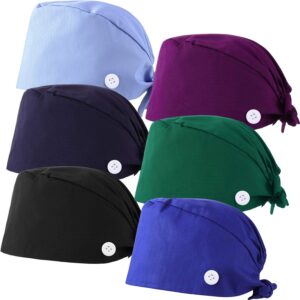 syhood 6 pieces bouffant caps with buttons and sweatband adjustable gourd-shaped tie back hats for women men