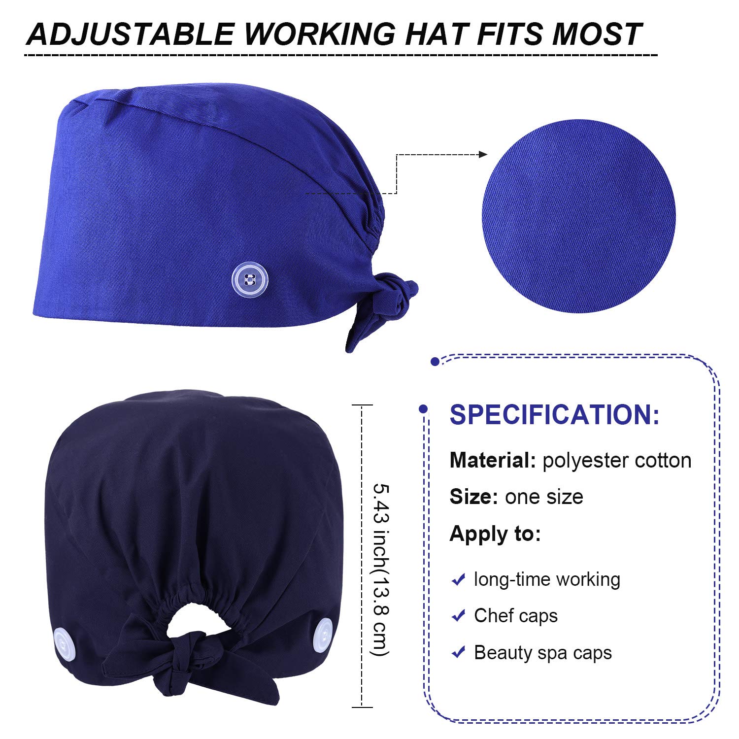 Syhood 6 Pieces Bouffant Caps with Buttons and Sweatband Adjustable Gourd-Shaped Tie Back Hats for Women Men