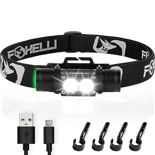 Foxelli Rechargeable Headlamp - Ultra Bright LED Head Lamp Flashlight, 1200 Lumen, Heavy-Duty, IPX7 Waterproof Hard Hat Light for Work & Outdoors, Battery & Hooks Included