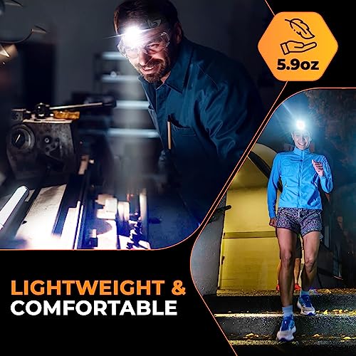 Foxelli Rechargeable Headlamp - Ultra Bright LED Head Lamp Flashlight, 1200 Lumen, Heavy-Duty, IPX7 Waterproof Hard Hat Light for Work & Outdoors, Battery & Hooks Included