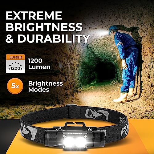 Foxelli Rechargeable Headlamp - Ultra Bright LED Head Lamp Flashlight, 1200 Lumen, Heavy-Duty, IPX7 Waterproof Hard Hat Light for Work & Outdoors, Battery & Hooks Included