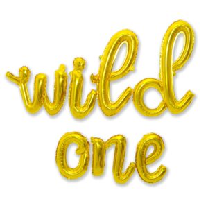 wild one cursive letter balloons - first birthday decorations for a baby boy & baby girl party supplies | gold wild one balloon sign banner in script letters (cursive gold)