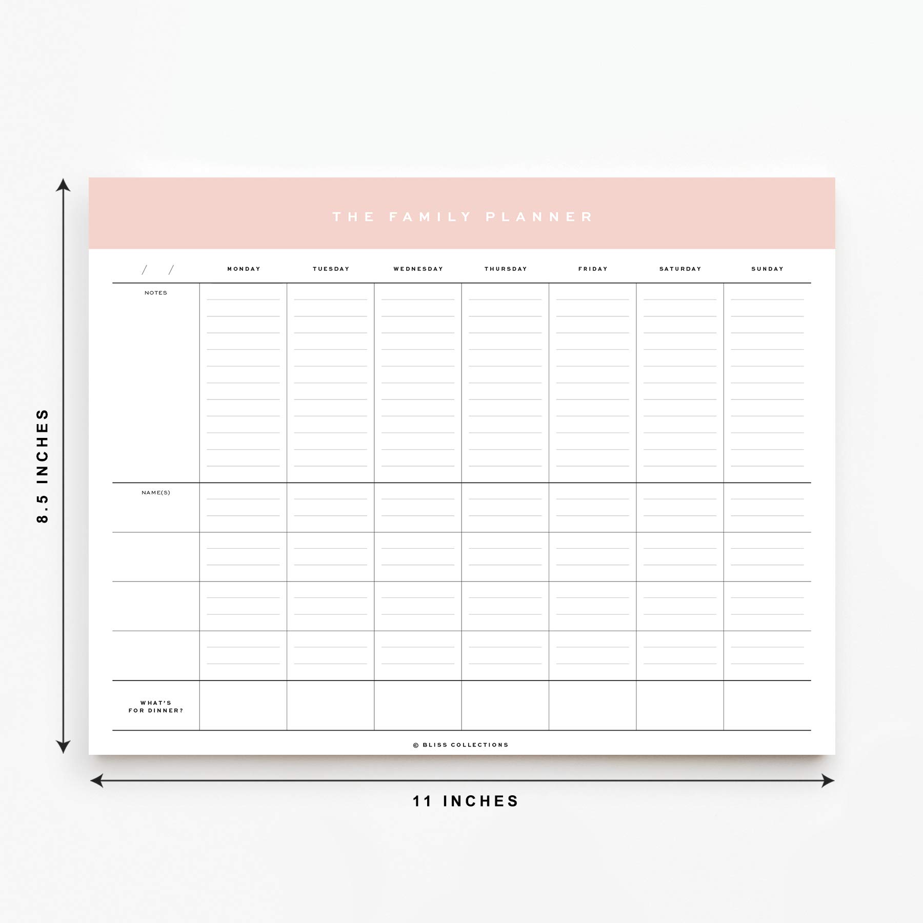 Bliss Collections Family Planner with 50 Undated 8.5 x 11 Tear-Off Sheets - Simple Pink Daily and Weekly Calendar for Planning and Organizing Family Activities, Appointments, Tasks, Chores and Meals