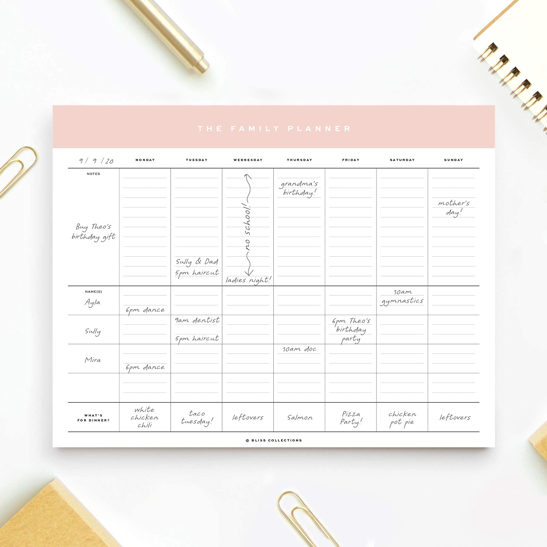 Bliss Collections Family Planner with 50 Undated 8.5 x 11 Tear-Off Sheets - Simple Pink Daily and Weekly Calendar for Planning and Organizing Family Activities, Appointments, Tasks, Chores and Meals