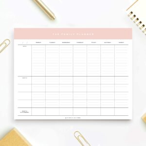 Bliss Collections Family Planner with 50 Undated 8.5 x 11 Tear-Off Sheets - Simple Pink Daily and Weekly Calendar for Planning and Organizing Family Activities, Appointments, Tasks, Chores and Meals