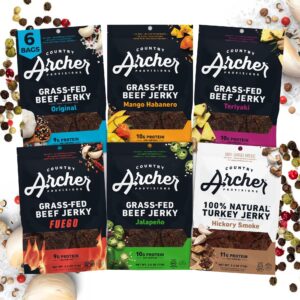 beef and turkey jerky variety pack by country archer, 6 flavors, 100% grass fed, 100% natural, high protein snacks, 2.5 ounces, 6 pack (packaging may vary)