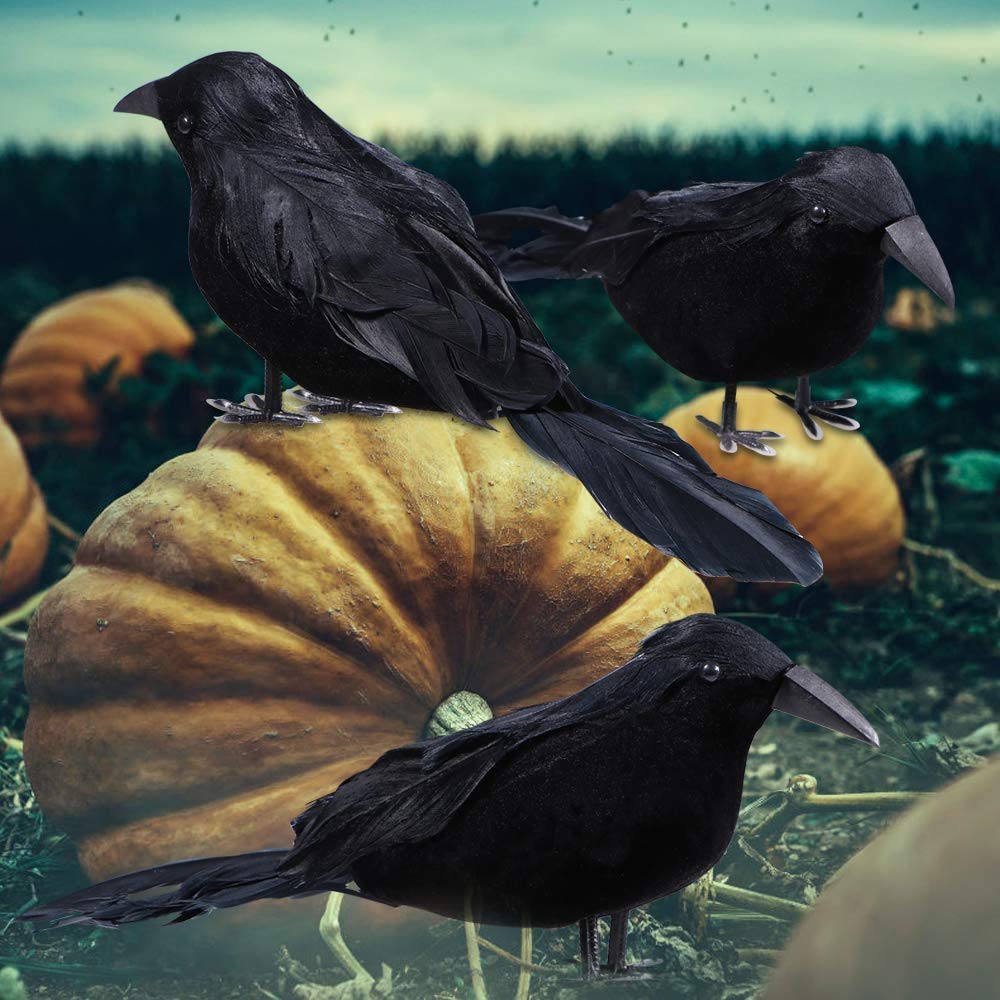 Sizonjoy 6 Pack Halloween Black Feathered Crows, Halloween Decorations Realistic Bird Halloween Ravens Decor Props