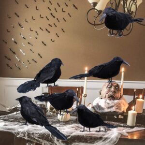 Sizonjoy 6 Pack Halloween Black Feathered Crows, Halloween Decorations Realistic Bird Halloween Ravens Decor Props