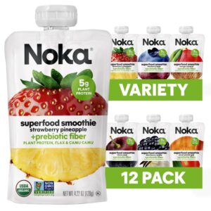 noka superfood fruit smoothie pouches variety pack, healthy snacks with flax seed, plant protein and prebiotic fiber, vegan and gluten free snacks, organic squeeze pouch, 4.22 oz, 12 count