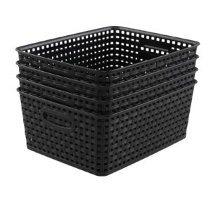qqbine plastic weave storage baskets, plastic shelf basket bins, black, 4 packs