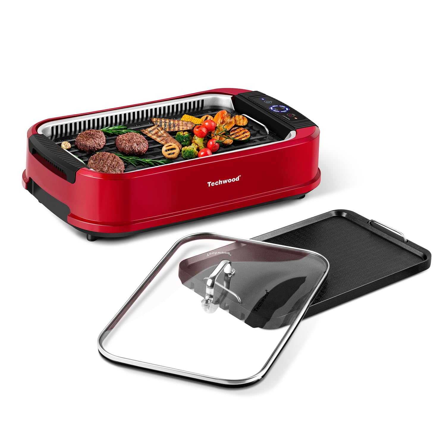 Indoor Smokeless Grill, Techwood 1500W Electric Indoor Grill with Tempered Glass Lid, Portable Non-stick BBQ Korean Grill, Turbo Smoke Extractor Technology, Drip Tray& Double Removable Plate, Red