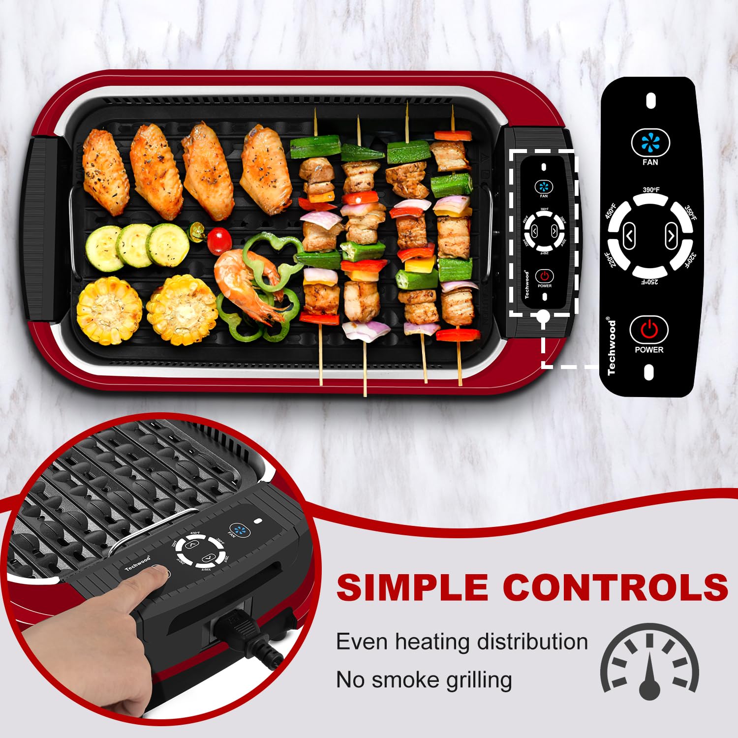 Indoor Smokeless Grill, Techwood 1500W Electric Indoor Grill with Tempered Glass Lid, Portable Non-stick BBQ Korean Grill, Turbo Smoke Extractor Technology, Drip Tray& Double Removable Plate, Red