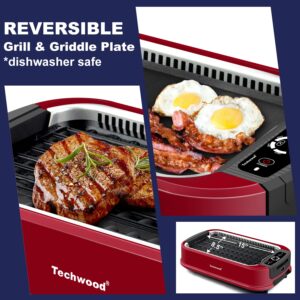 Indoor Smokeless Grill, Techwood 1500W Electric Indoor Grill with Tempered Glass Lid, Portable Non-stick BBQ Korean Grill, Turbo Smoke Extractor Technology, Drip Tray& Double Removable Plate, Red