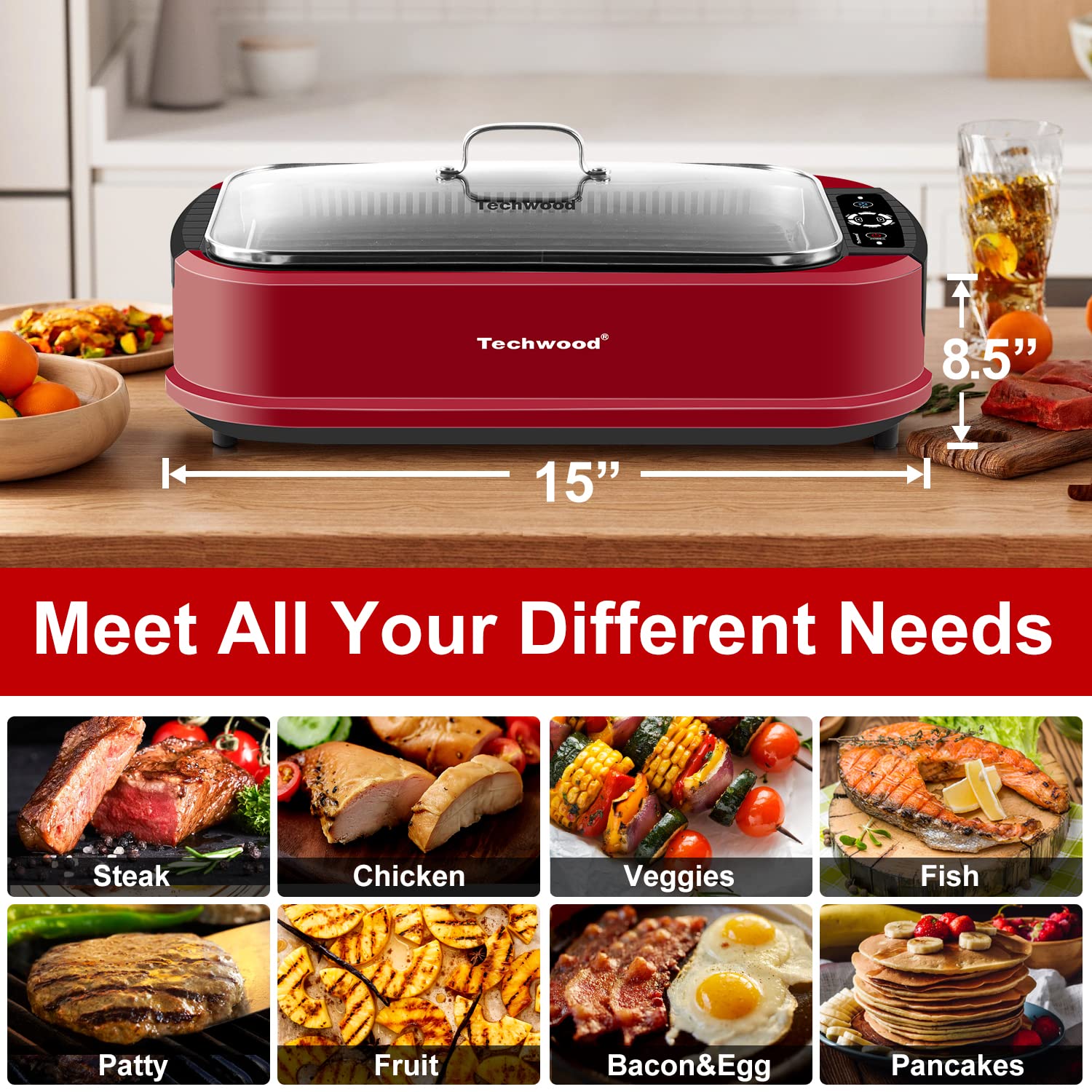 Indoor Smokeless Grill, Techwood 1500W Electric Indoor Grill with Tempered Glass Lid, Portable Non-stick BBQ Korean Grill, Turbo Smoke Extractor Technology, Drip Tray& Double Removable Plate, Red