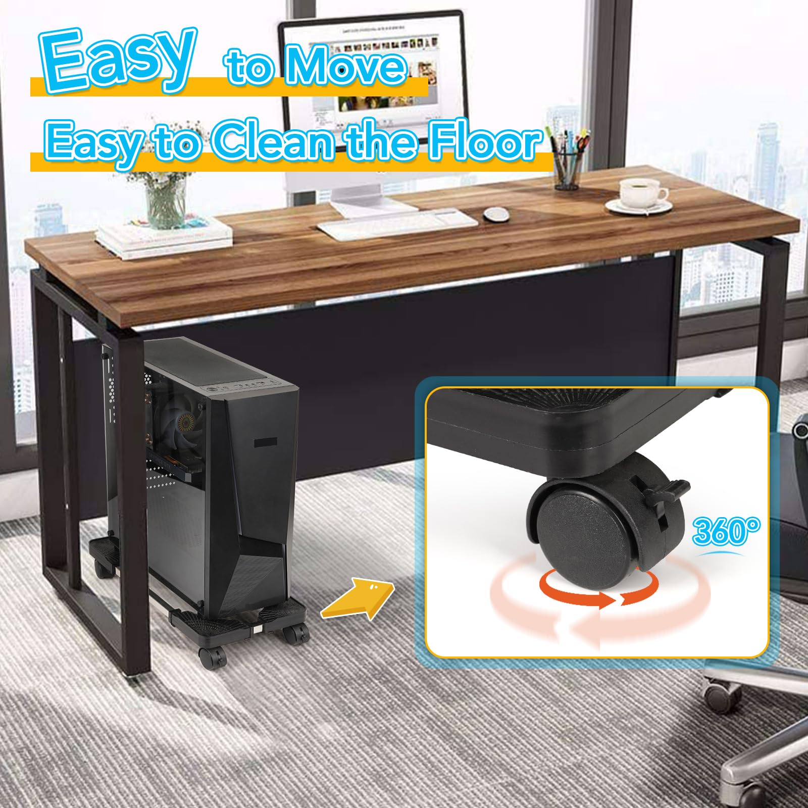 Retyion Mobile CPU Stand Adjustable Computer Tower Stand with Locking Caster Wheels Under Home Office Desk (W: 9.06" to 14.57")