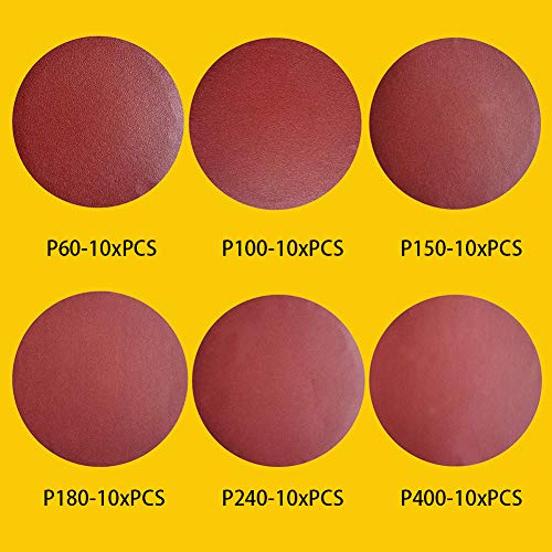 60 PCS 5 Inch NO-Hole PSA Aluminum Oxide Sanding Disc, Self Stick(10 Each of 60 100 150 180 240 400 Grit)