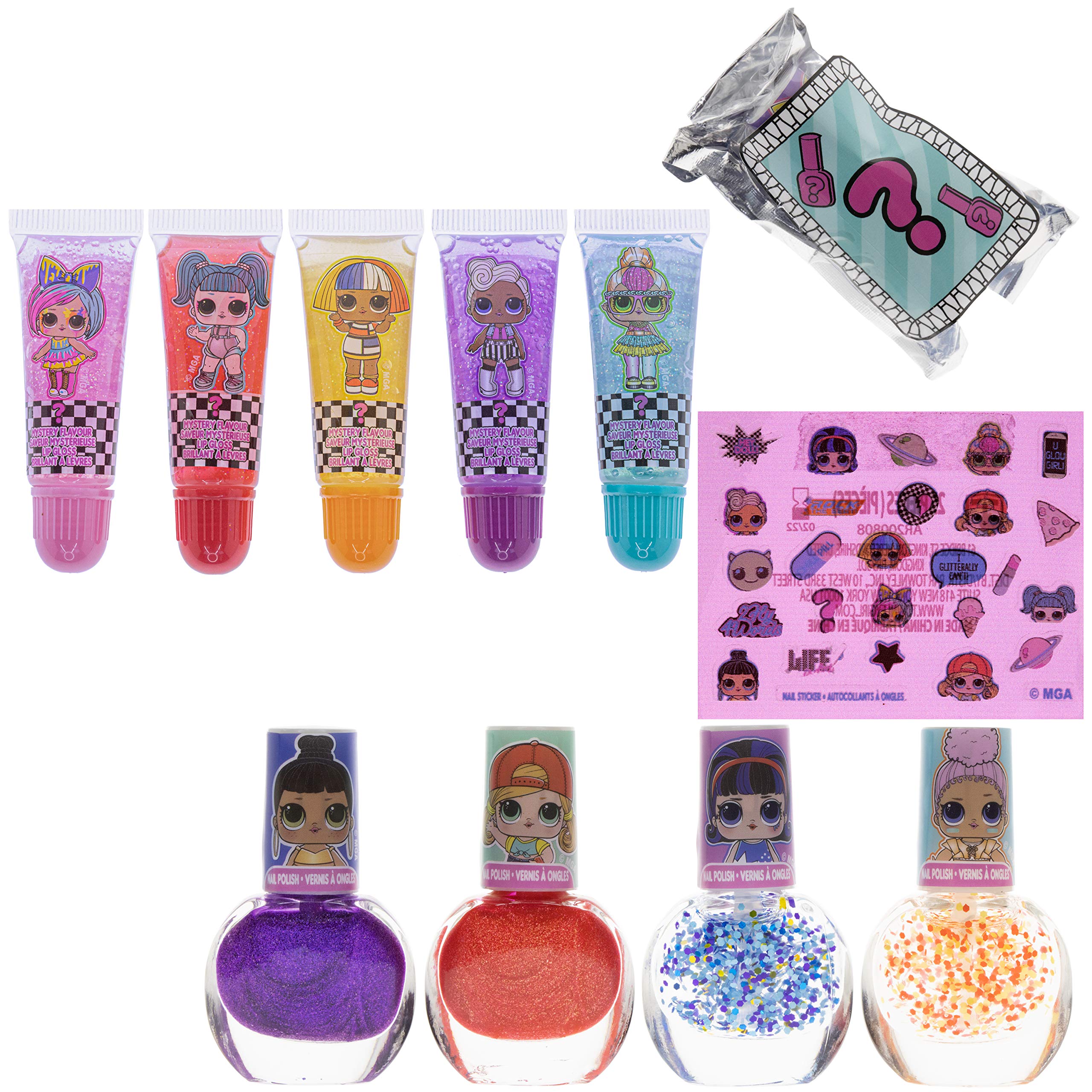 LOL Surprise Townley Girl 11 Pcs Sparkly Cosmetic Makeup Set for Kids Includes 5 Lip Gloss, 5 Nail Polish & Nail Stickers for Girls Tweens, Ages 3+ Perfect for Parties, Sleepovers and Makeovers