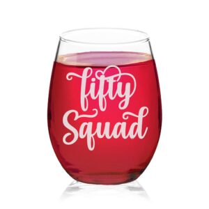 veracco fifty squad stemless wine glass 50th birthday gift for him her fifty and fabulous (clear, glass)