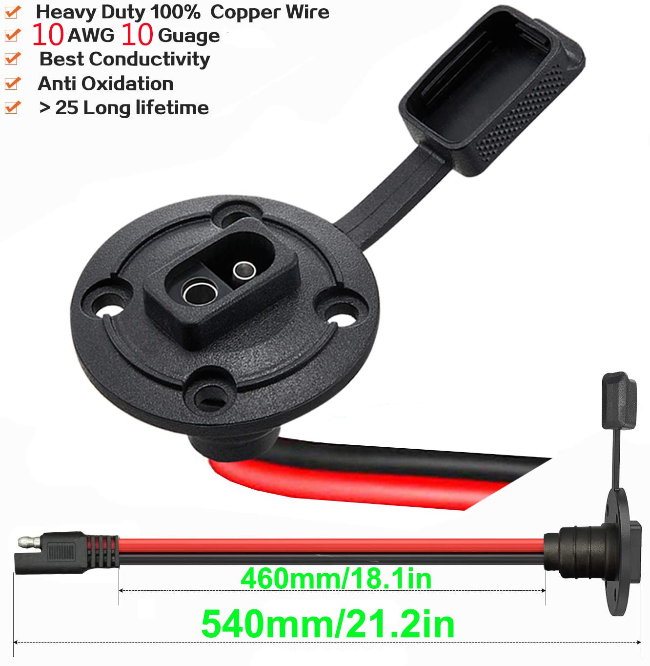 QOFOWIN 10AWG SAE Cable Connector, SAE Power Socket Sidewall Port, Solar Weatherproof SAE Quick Connect Solar Panel Mount,length.(50cm/1.6ft).