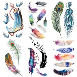 yesallwas 6 sheets small feather temporary tattoo sticker fake peacock tattoos for women girls models,waterproof long lasting body art makeup sexy realistic arm tattoos