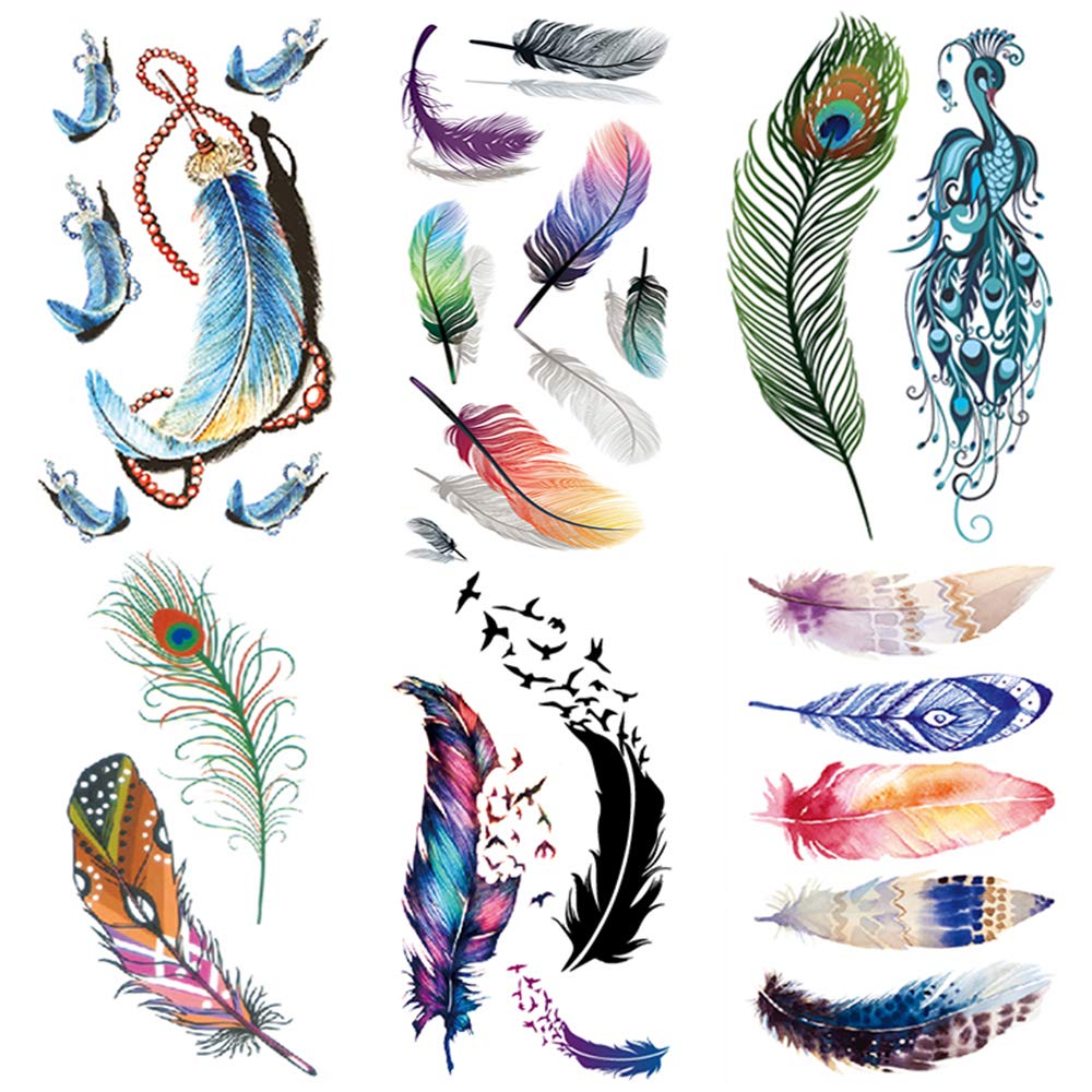 Yesallwas 6 Sheets Small Feather Temporary Tattoo Sticker Fake peacock Tattoos for Women Girls Models,Waterproof Long Lasting Body Art Makeup Sexy Realistic Arm Tattoos