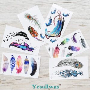 Yesallwas 6 Sheets Small Feather Temporary Tattoo Sticker Fake peacock Tattoos for Women Girls Models,Waterproof Long Lasting Body Art Makeup Sexy Realistic Arm Tattoos