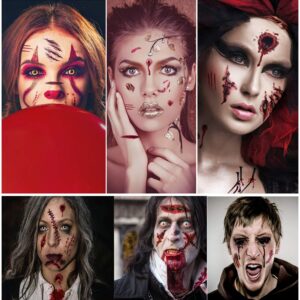 ILEBYGO Halloween Zombie Scars Tattoos,Zombie Makeup, Halloween Temporary Tattoos Fake Scars Makeup Vampire Makeup for Cos Play