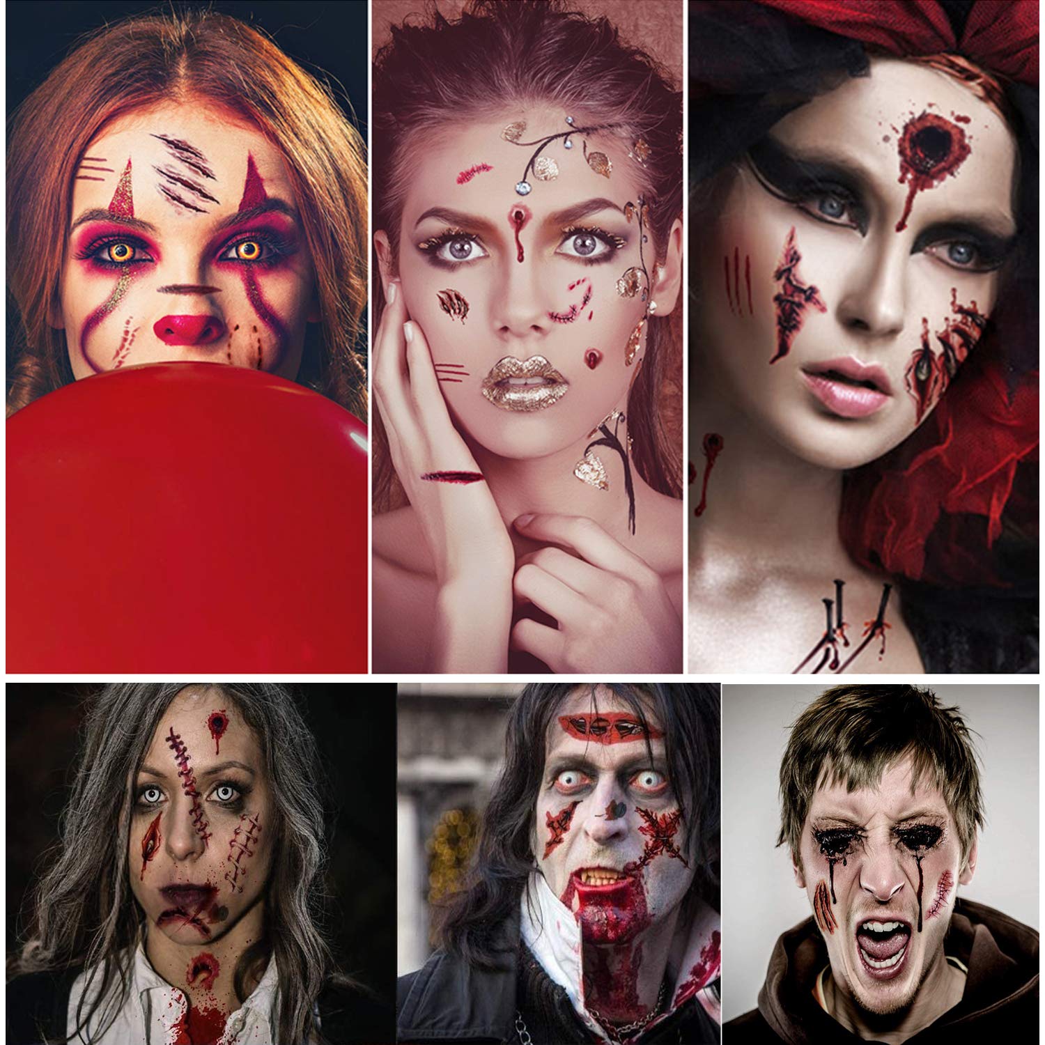 ILEBYGO Halloween Zombie Scars Tattoos,Zombie Makeup, Halloween Temporary Tattoos Fake Scars Makeup Vampire Makeup for Cos Play