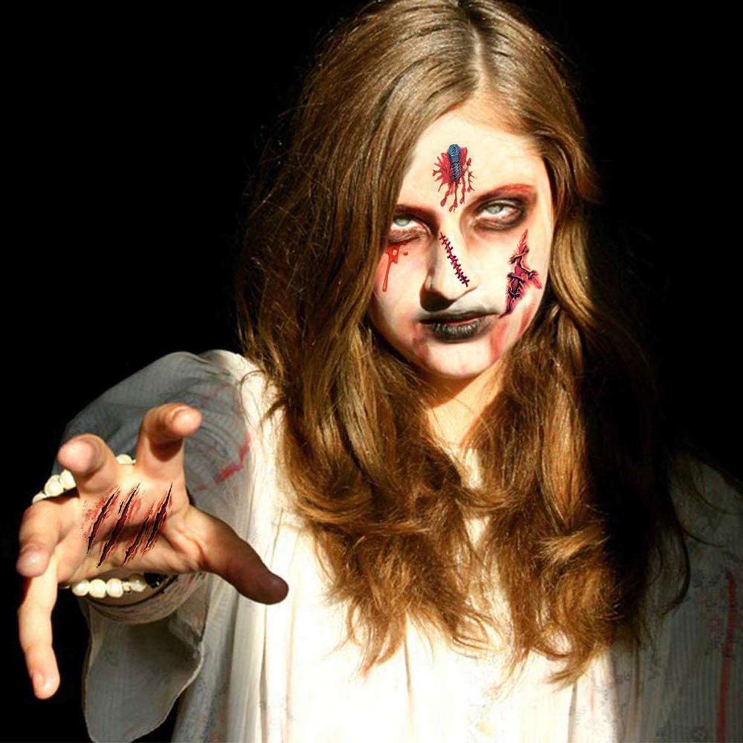 ILEBYGO Halloween Zombie Scars Tattoos,Zombie Makeup, Halloween Temporary Tattoos Fake Scars Makeup Vampire Makeup for Cos Play