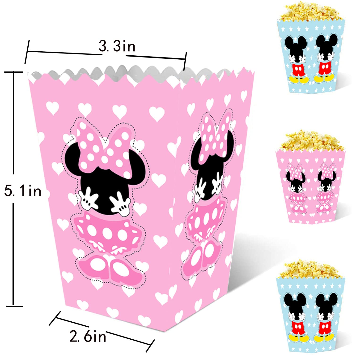 24 Packs Micky Minnie Mouse Party Popcorn Boxes, Baby Shower Party Cookie Boxes for Kids Micky Minnie Themed Party, Birthday Treats Boxes