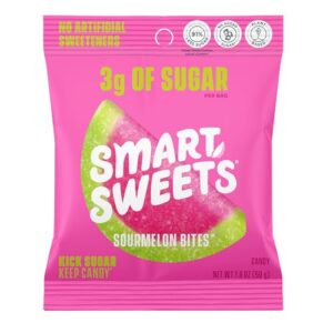 smartsweets sourmelon bites, low sugar gummy candy (3g), low calorie (130), gluten-free -1.8oz (pack of 6) packaging may vary