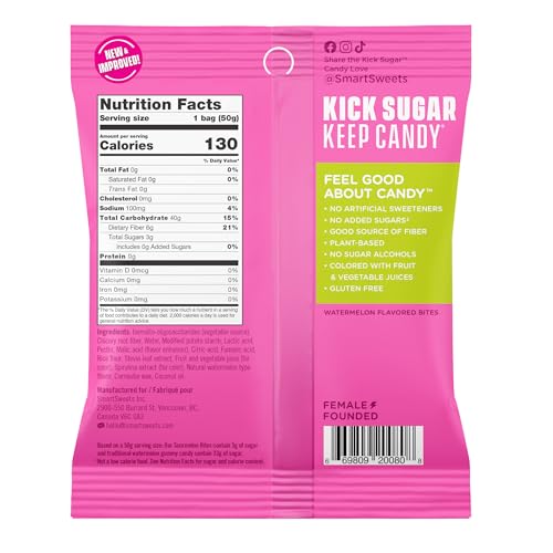 SmartSweets Sourmelon bites, Low Sugar Gummy Candy (3g), Low Calorie (130), Gluten-Free -1.8oz (Pack of 6) Packaging may vary