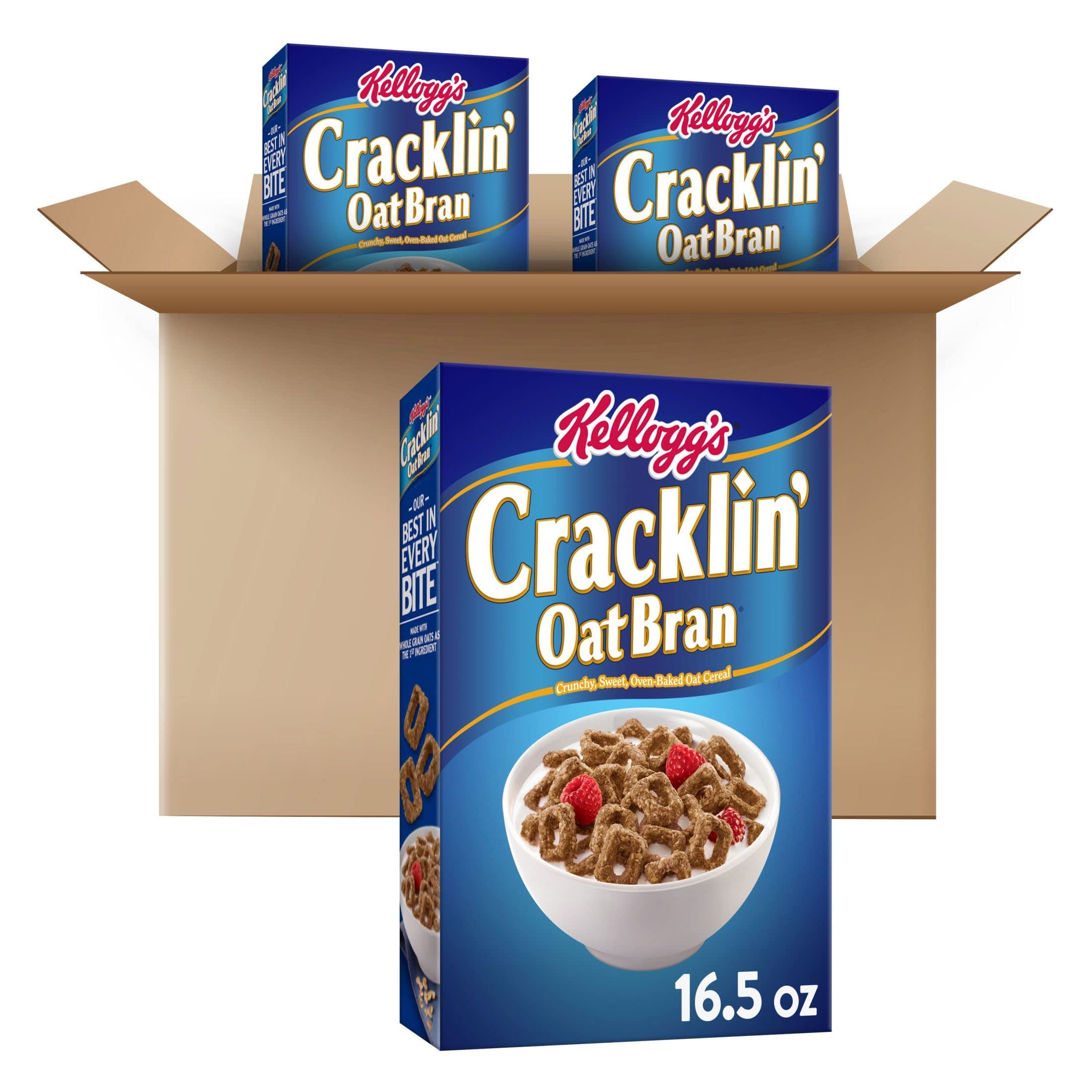 Kellogg's Cracklin' Oat Bran Cold Breakfast Cereal, Family Breakfast, Fiber Cereal, Original (3 Boxes)