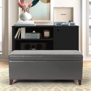 Adeco Rectangular Coffee Table Lift Top Storage Ottoman, Faux Leather Upholstered End of Bed Bench Footrest Footstool for Living Room Bedroom (Lift up Grey)
