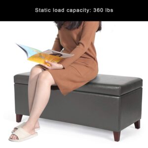 Adeco Rectangular Coffee Table Lift Top Storage Ottoman, Faux Leather Upholstered End of Bed Bench Footrest Footstool for Living Room Bedroom (Lift up Grey)