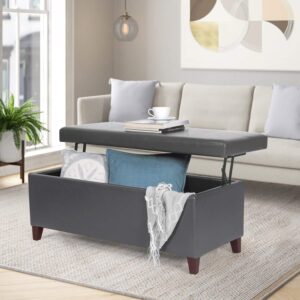 Adeco Rectangular Coffee Table Lift Top Storage Ottoman, Faux Leather Upholstered End of Bed Bench Footrest Footstool for Living Room Bedroom (Lift up Grey)