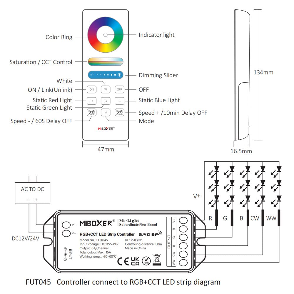 DC12-24V FUT043A+ Remote Control Indoor RGB CCT LED Controller Kit (5in1 Remote kit)