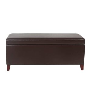 Adeco 42 Inch Storage Ottoman Bench for Livingroom Bedroom End of Bed, Upholstered Rectangular Faux Leather Storage Bench with Solid Wood Legs and Safety Hinge Hold Up to 350lbs (Lift up Brown)