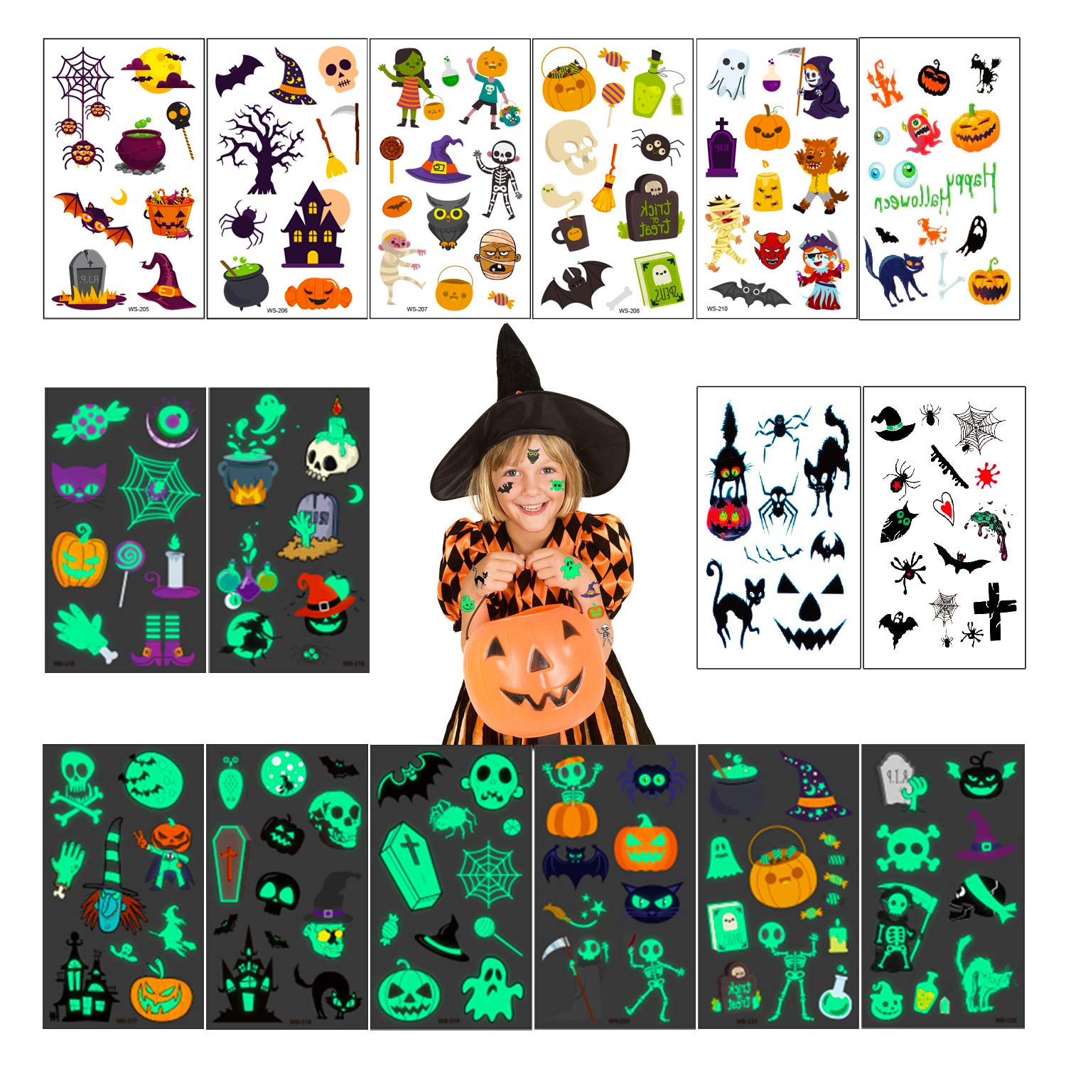 FuraHa Halloween Tattoos for Kids, 160 pcs Halloween Temporary Tattoos including 70 Glow in the Night or Dark Halloween Trick or Treat Ghost Monster Pumpkin Tattoos