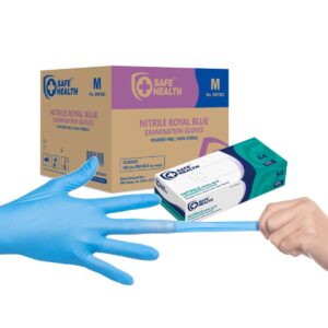 safe health nitrile exam disposable gloves, latex free, powder free, blue, case of 1000, medium, textured, 3.5 mil, medical grade, food, tattoo, nursing, cleaning, school
