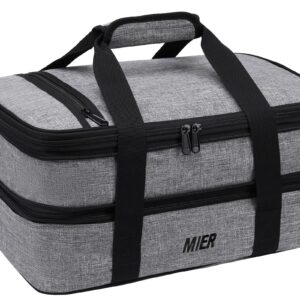 MIER Insulated Double Casserole Carrier Thermal Lunch Tote for Potluck Parties, Picnic, Beach, Fits 9 x 13 Inches Casserole Dish, Expandable by Mid Zipper, Gray