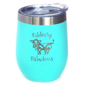 bevvee udderly fabulous - cow wine tumbler with sliding lid - stemless stainless steel insulated cup - funny outdoor camping mug - teal